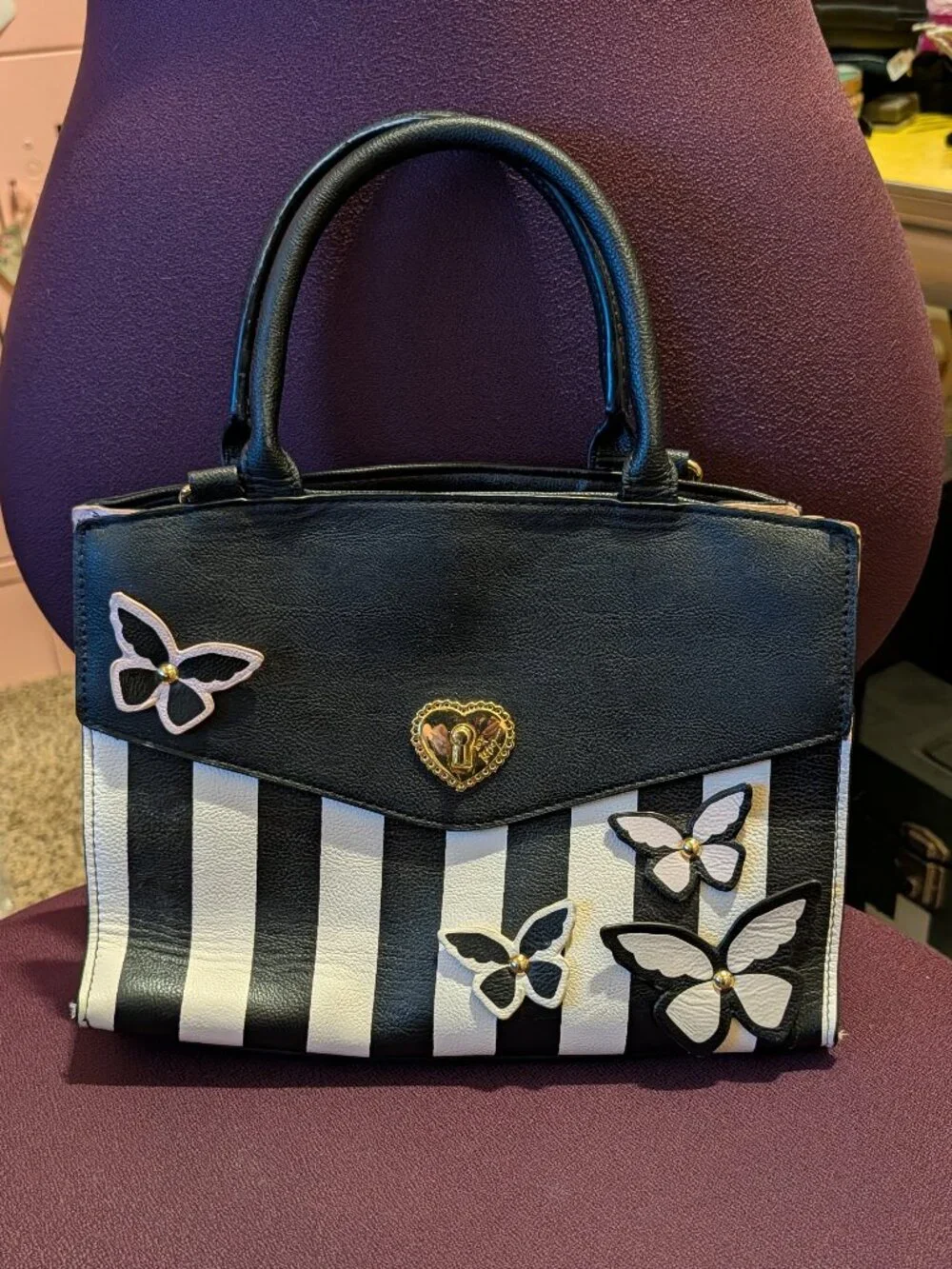 Betsey Johnson Black and White Satchel with Butterfly Accents